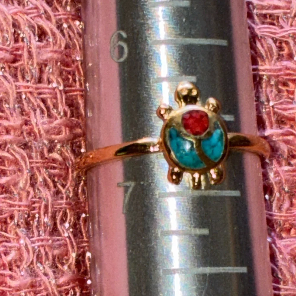 Gold Turtle Ring with Turquoise and Red Stone - Size 6 & 3/4ths - Picture 1 of 4